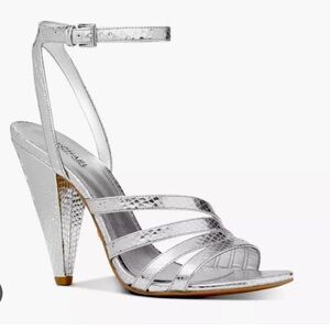 MICHAEL KORS Womens Silver Snake Print Toe Cone Heel Leather Sandals Sz 10